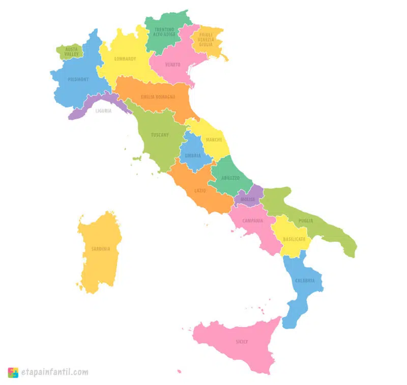 Mapa de regiones de Italia para imprimir