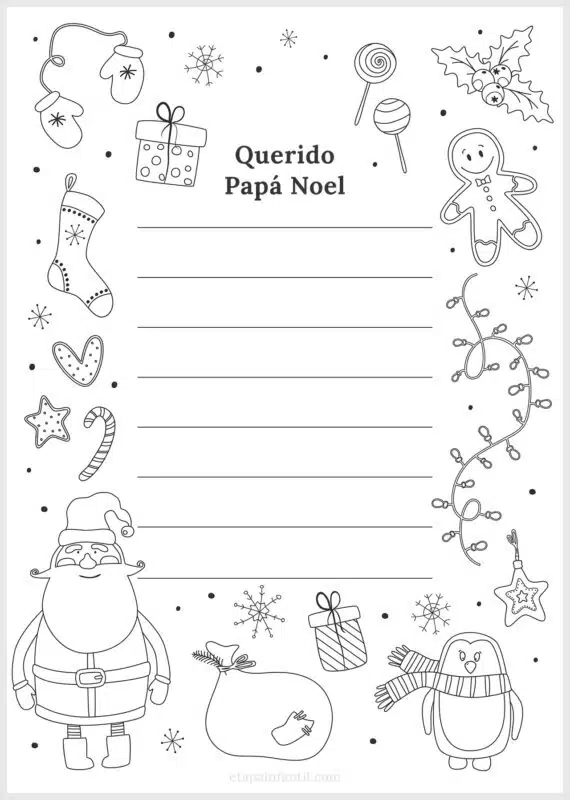 Bonita carta para Papa Noel para imprimir y colorear