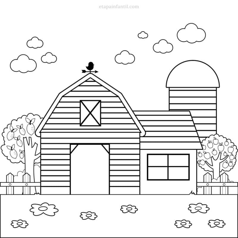 Dibujo de casa granero con valla y árboles frutales