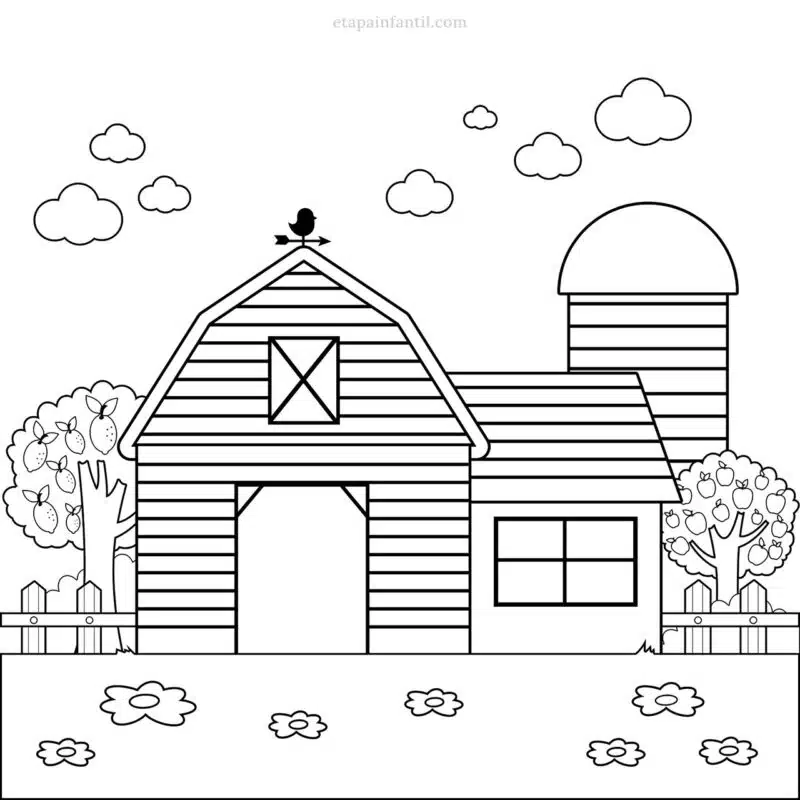 Dibujo de casa granero con valla y árboles frutales