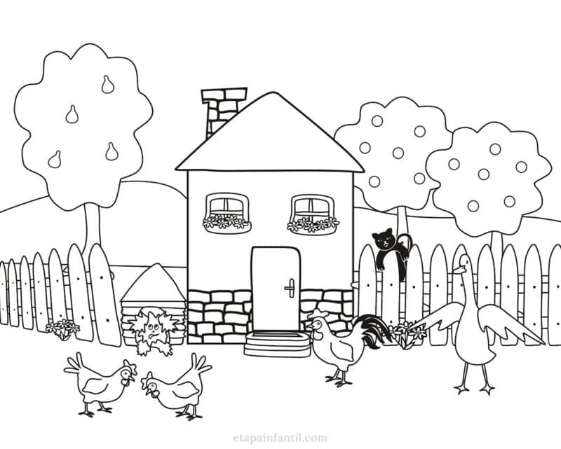 Dibujo de casita en el campo con animales