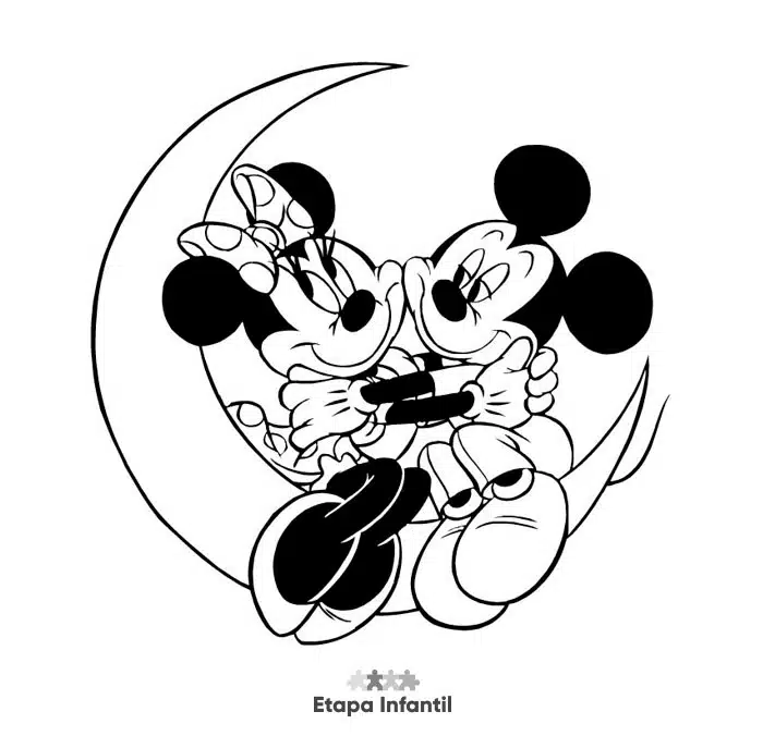 Dibujo de Mickey y Minnie Mouse en la luna para colorear