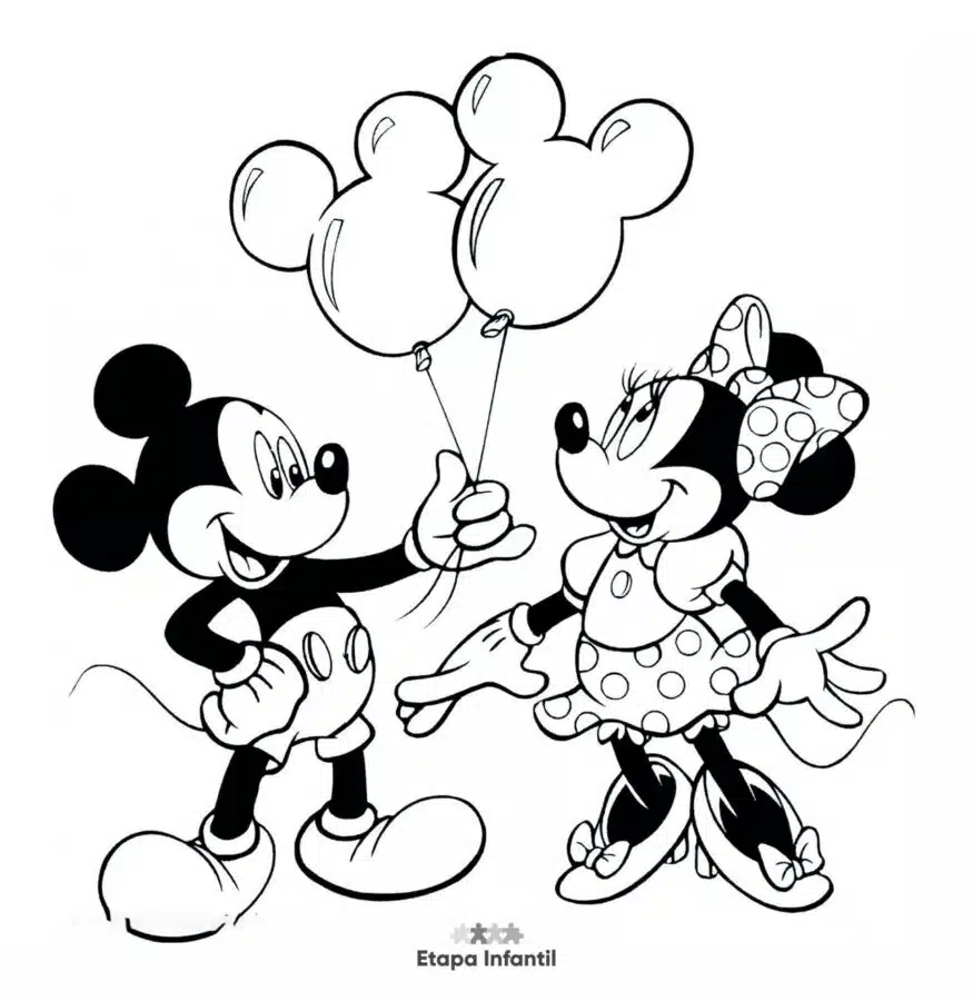Dibujo de Mickey Mouse regalando unos globos a Minnie para colorear