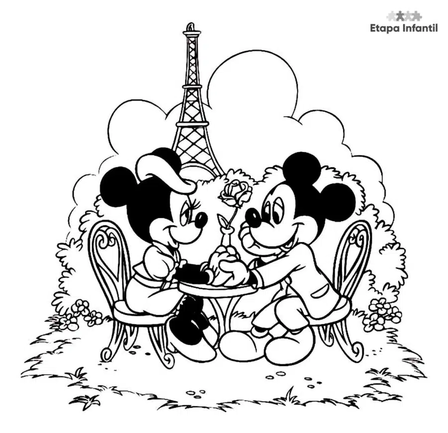 Dibujo de Minnie y Mickey Mouse cenando en París para colorear