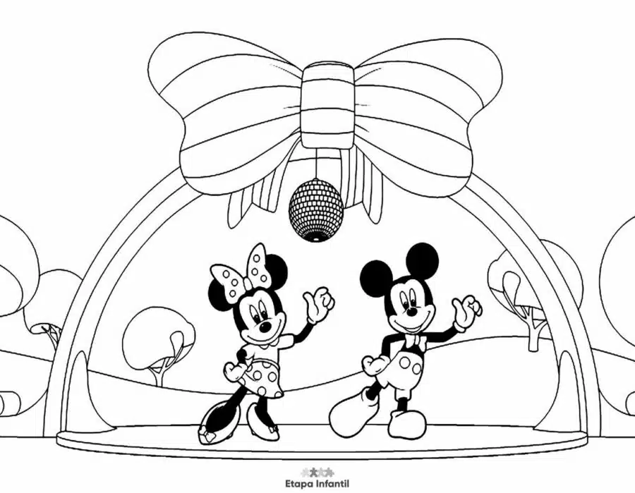 Dibujo de Minnie y Mickey Mouse bailando al ritmo de la música para colorear