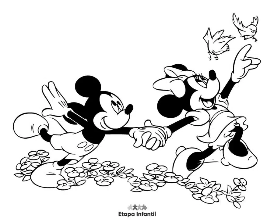 Dibujo de Minnie y Mickey Mouse caminando de la mano para colorear