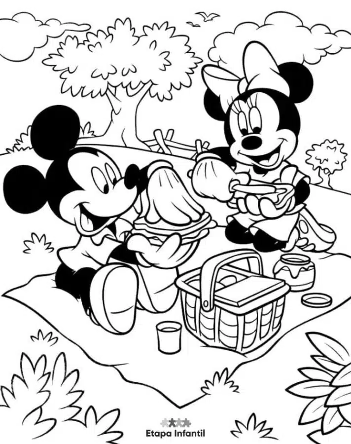 Dibujo de Minnie y Mickey Mouse de picnic para colorear