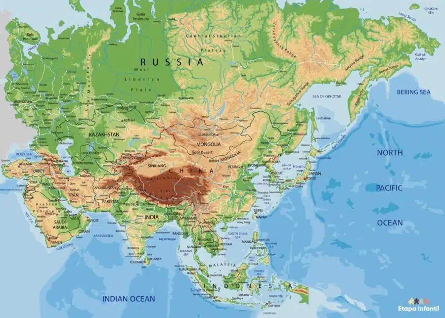Mapa físico de Asia para imprimir